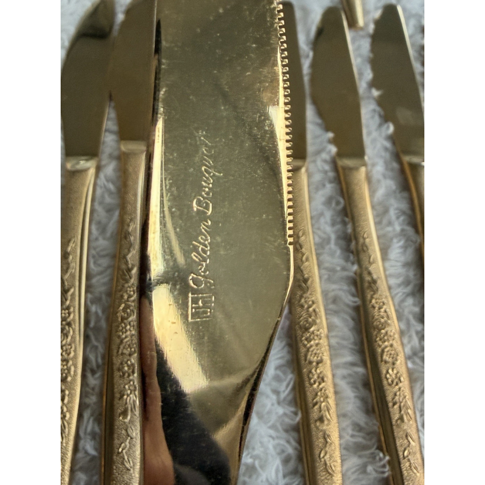 Golden Bouquet 24 kt Gold Electroplate 24 Pieces Flatware & Serving 1980’s - Picture 12 of 16